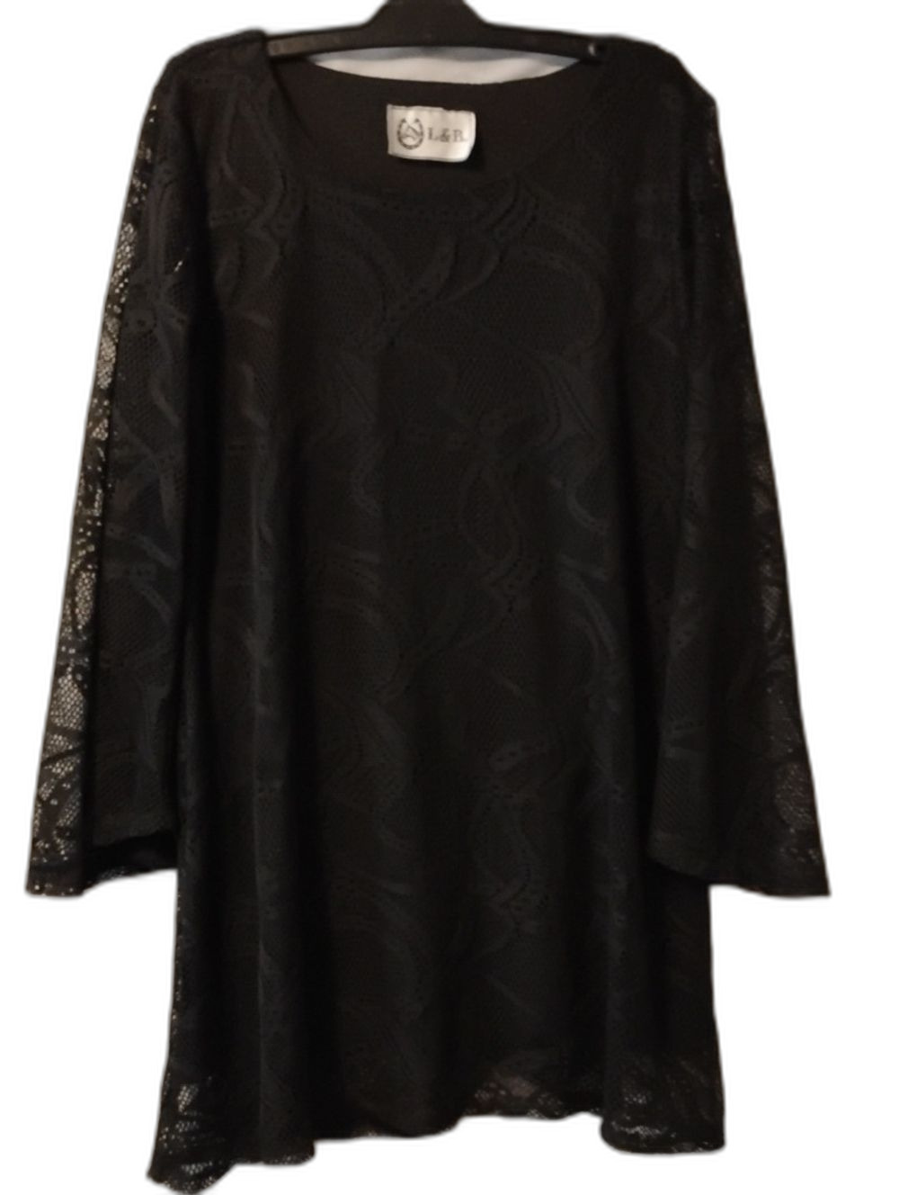 Women's Size Large L&B Black Lace Tunic Dress with Sheer Sleeve Detail